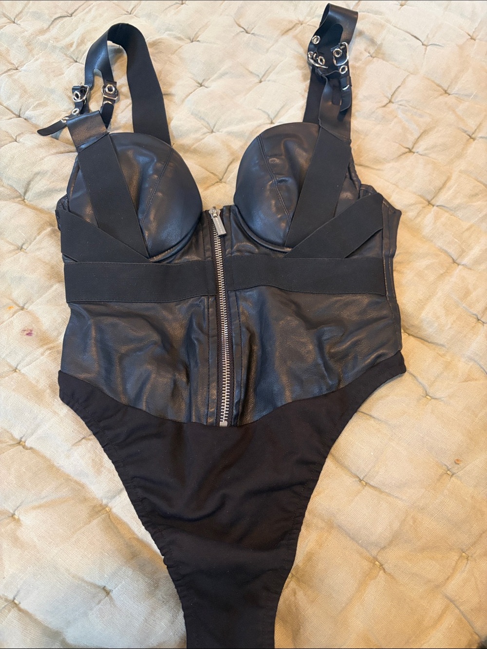 Black Faux Leather Zipper Front Bodysuit